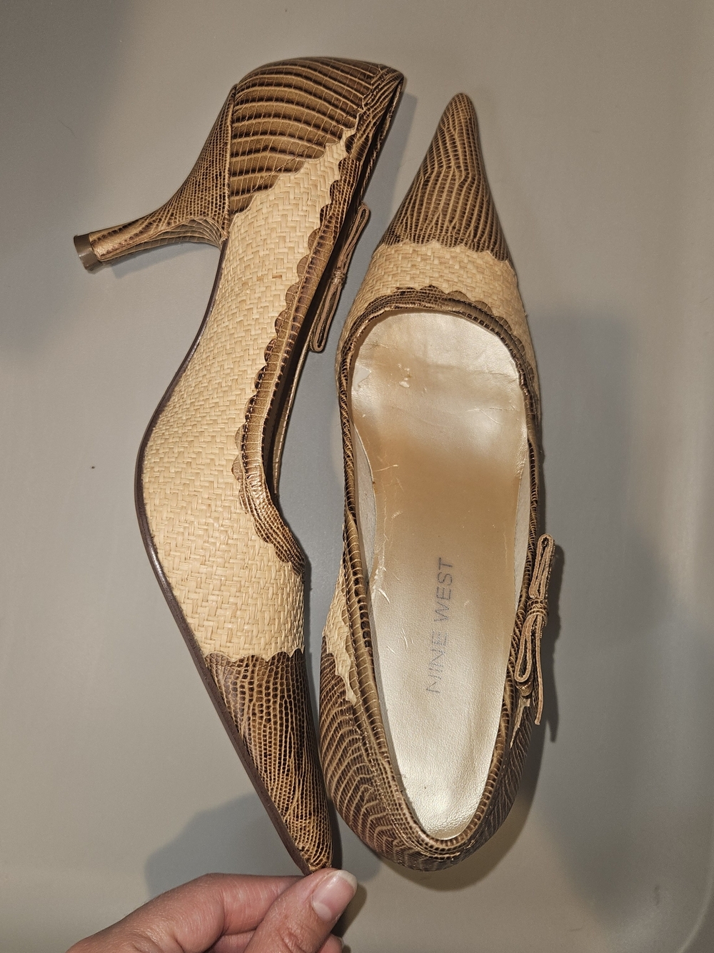 Nine West Tan and Brown Pointed Toe Kitten Heel Pumps